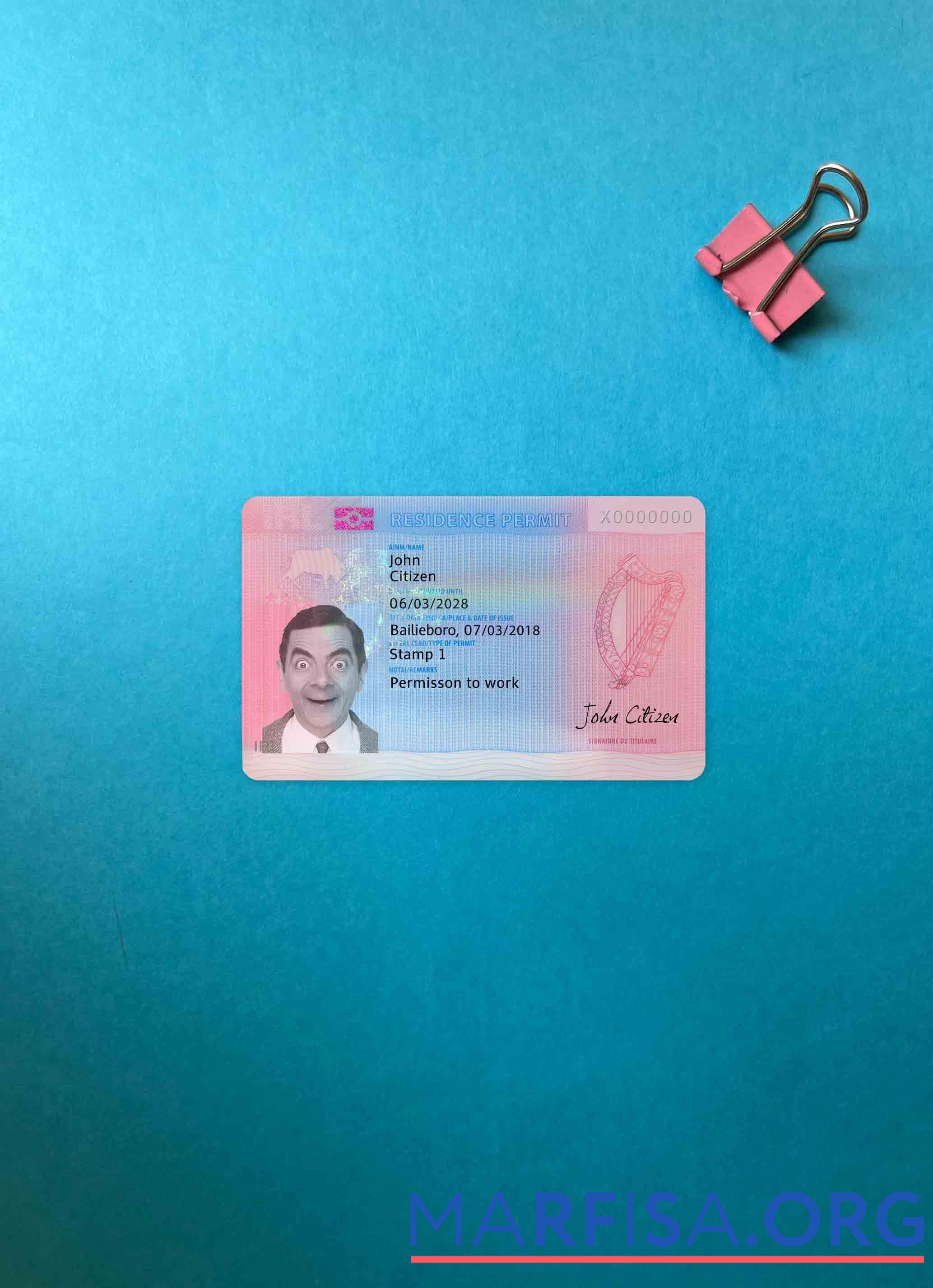 Blank Ireland residence permit photolook FRONT real example